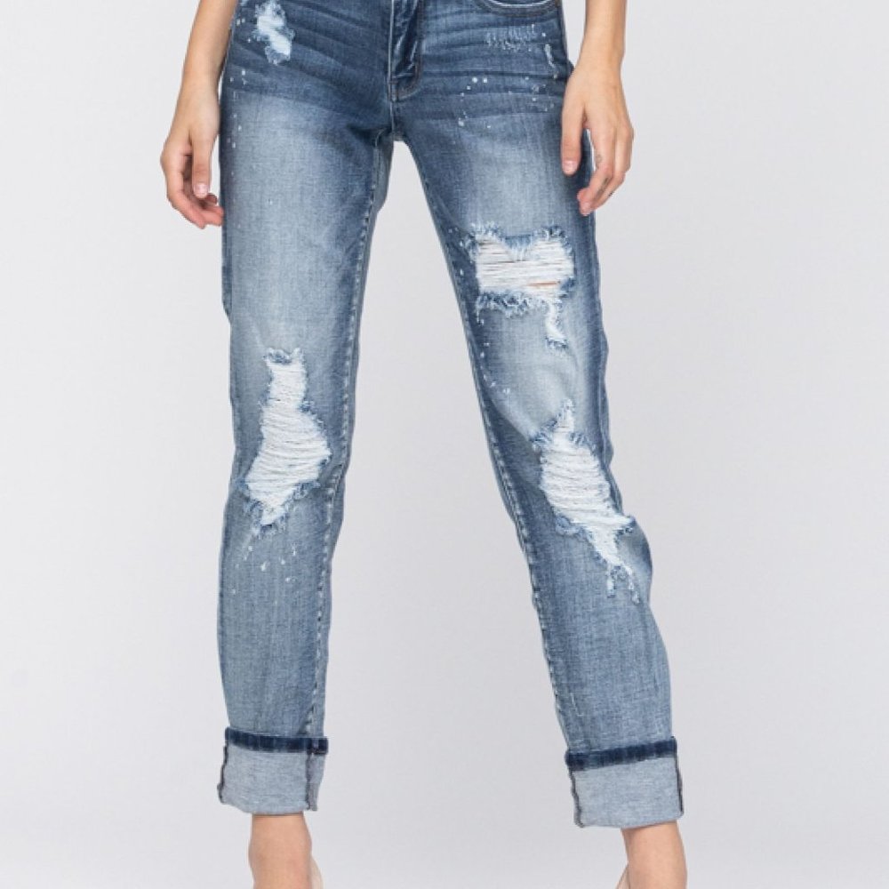 Judy Blue Mid Rise Bleach Splattered Washed Out Destroyed Boyfriend Jean # 82169